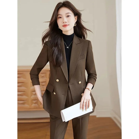 New Office Ladies Two Piece Sets Womens Outifits 2026 Spring Fashion Long Sleeve Double Breasted Blazer Plain Elegant Pants Set