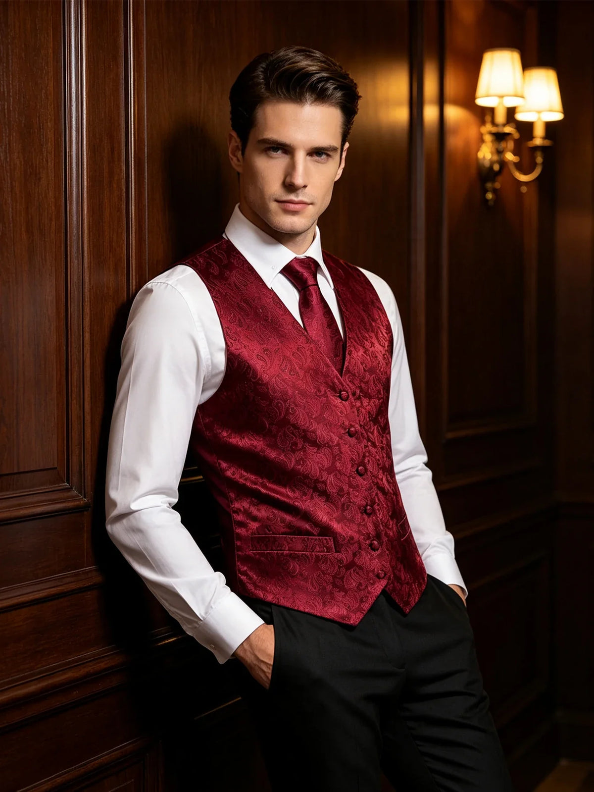 Men's Vest Accessory Kit – Burgundy Paisley V-Neck with Tie, Pocket Square, Cufflinks & Ring for Wedding & Banquet