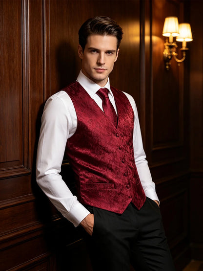 Men's Vest Accessory Kit – Burgundy Paisley V-Neck with Tie, Pocket Square, Cufflinks & Ring for Wedding & Banquet