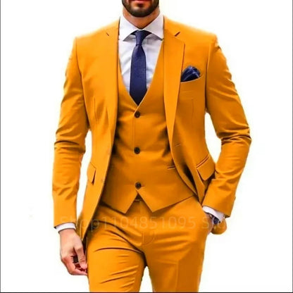Costume de mariage formel trois pièces pour homme, avec revers crantés, veste unie, gilet et pantalon, pour soirée de bal, décontracté ou affaires