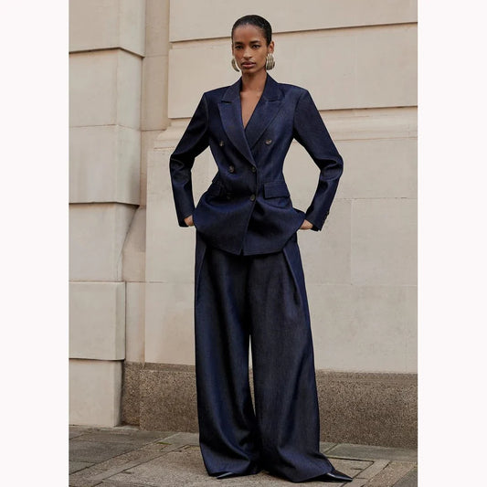 Cowboy Women Suits Fitted Customized Dark Blue Double-breasted Two Pieces(Jacket+Trousers) Ladies Casual Business Office Set