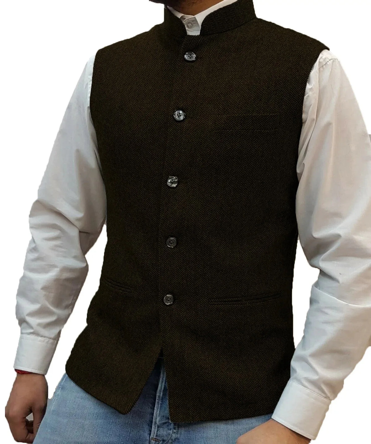 Men's Vest Standing Collar Herringbone Woolen Blend Single Breasted Waistcoat for Business & Casual Wear