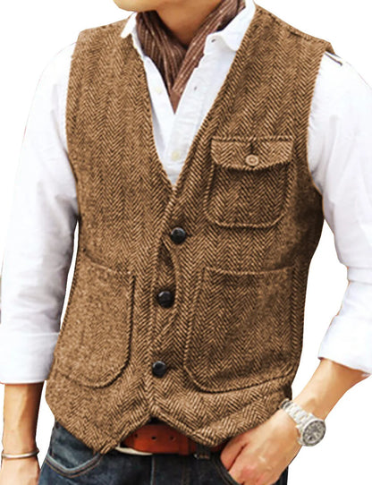 Men's Suit Vest Single Breasted Herringbone Smart Casual Wedding Business Waistcoat