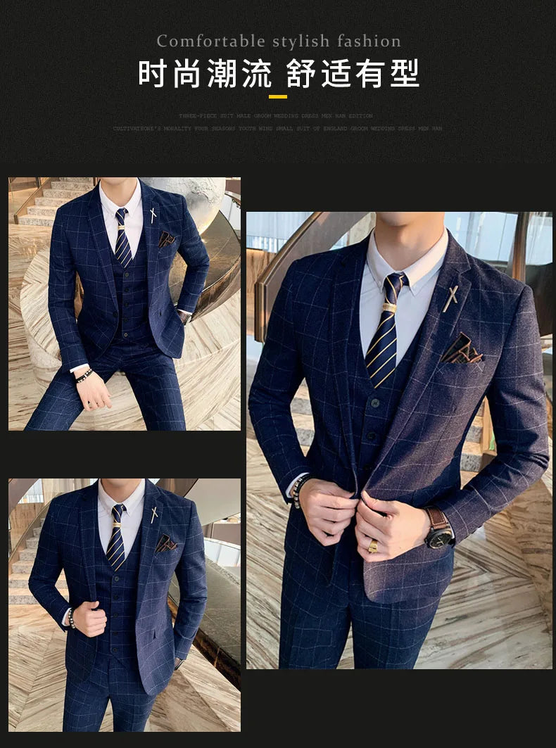 Men's 3-Piece Formal Suit Slim Fit Blazer Vest Pants for Wedding Business Smart Casual