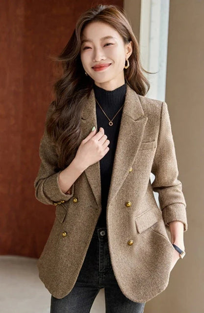 Fashion Grey Blazer Women Coffee Long Sleeve Casual Jacket for Autumn Winter Female Coats Double-Breasted Suit Women’s Clothing