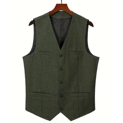 Men's Herringbone Suit Vest – V-Neck Single Button Waistcoat for Weddings, Business & Smart Casual Wear