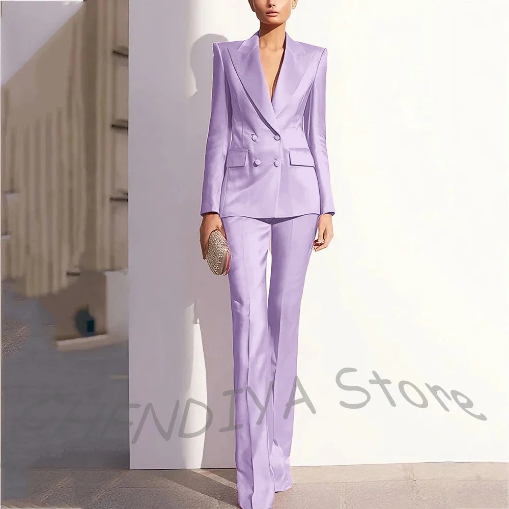 Luxury Satin Women Pants Suit Tailored Business Attire Dusty Rose 2 Piece Peak Lapel Straight Formal Outfit Daily Office Set