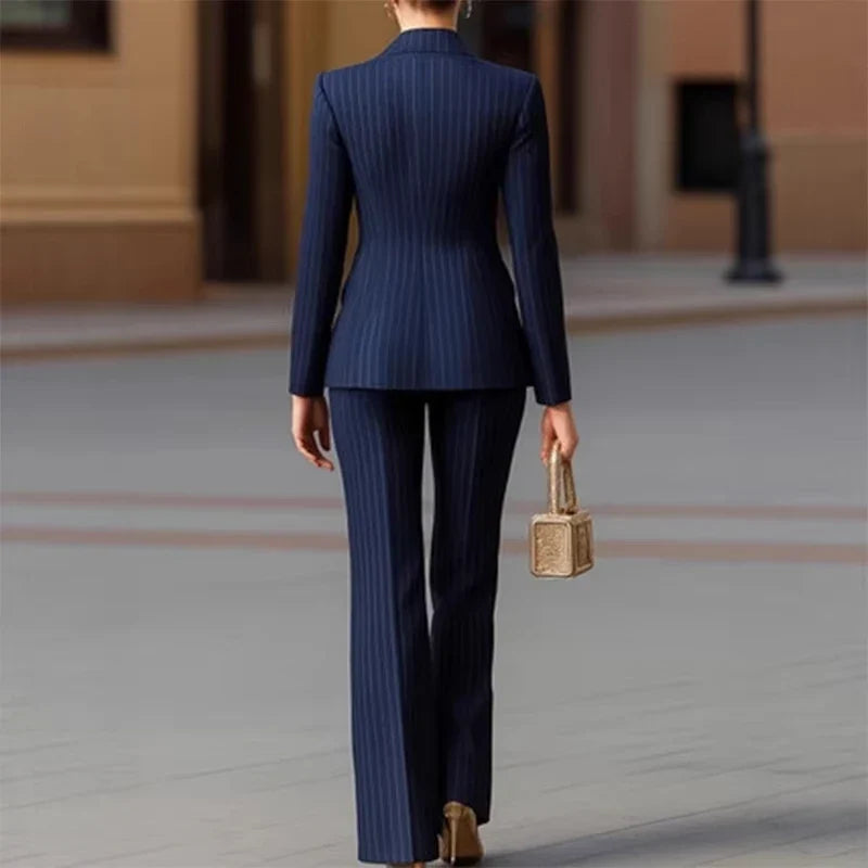 Fashion Ladies Pant Suit Women Striped Female Business Work Wear Jacket Blazer and Trouser Formal 2 Piece Set