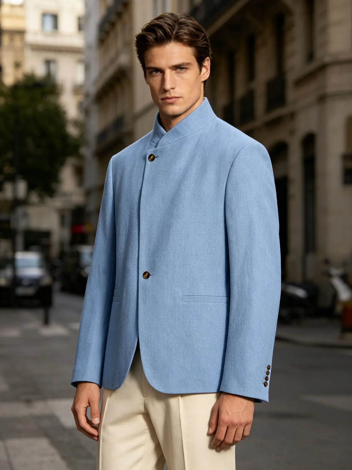  Mandarin Collar Men‘s Blazer Linen Blend Chinese Stand Collar Men Jacket Asymmetric Button Breathable Men Coat Wedding Party