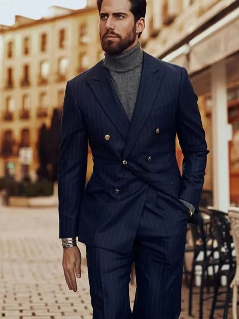 Navy Blue PinStripe Mens Sutis with Double Breasted Slim Fit Formal Business Office Wear 2 Pieces Set Wedding Groomsmen Tuxedo