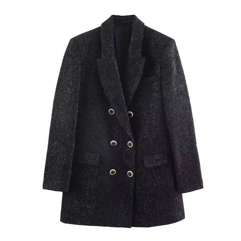 Office Lady Chic Black Blazer V Neck Double Buttons Long Jackets Fashion 2026 Casual Pockets Female Party Outwears