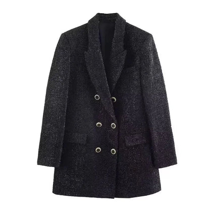 Office Lady Chic Black Blazer V Neck Double Buttons Long Jackets Fashion 2026 Casual Pockets Female Party Outwears