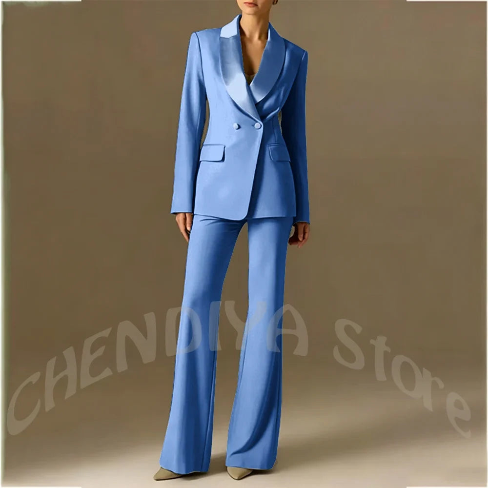 Classic Shawl Lapel Suit For Women Elegant Double Breasted Outfit Solid Color Two Piece Straight Modern Style Office Wear