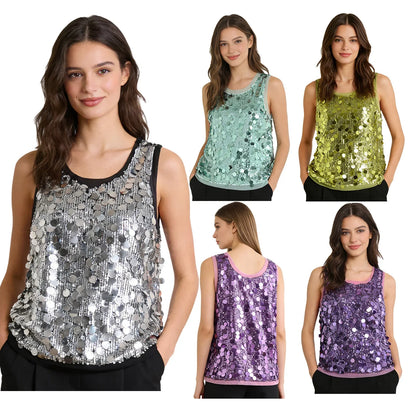 Women's Sleeveless Top Sequins Loose Vest Disco Costume Tank Top Nightclub Fashion Streetwear Shiny Clubwear Rave Party Outfit