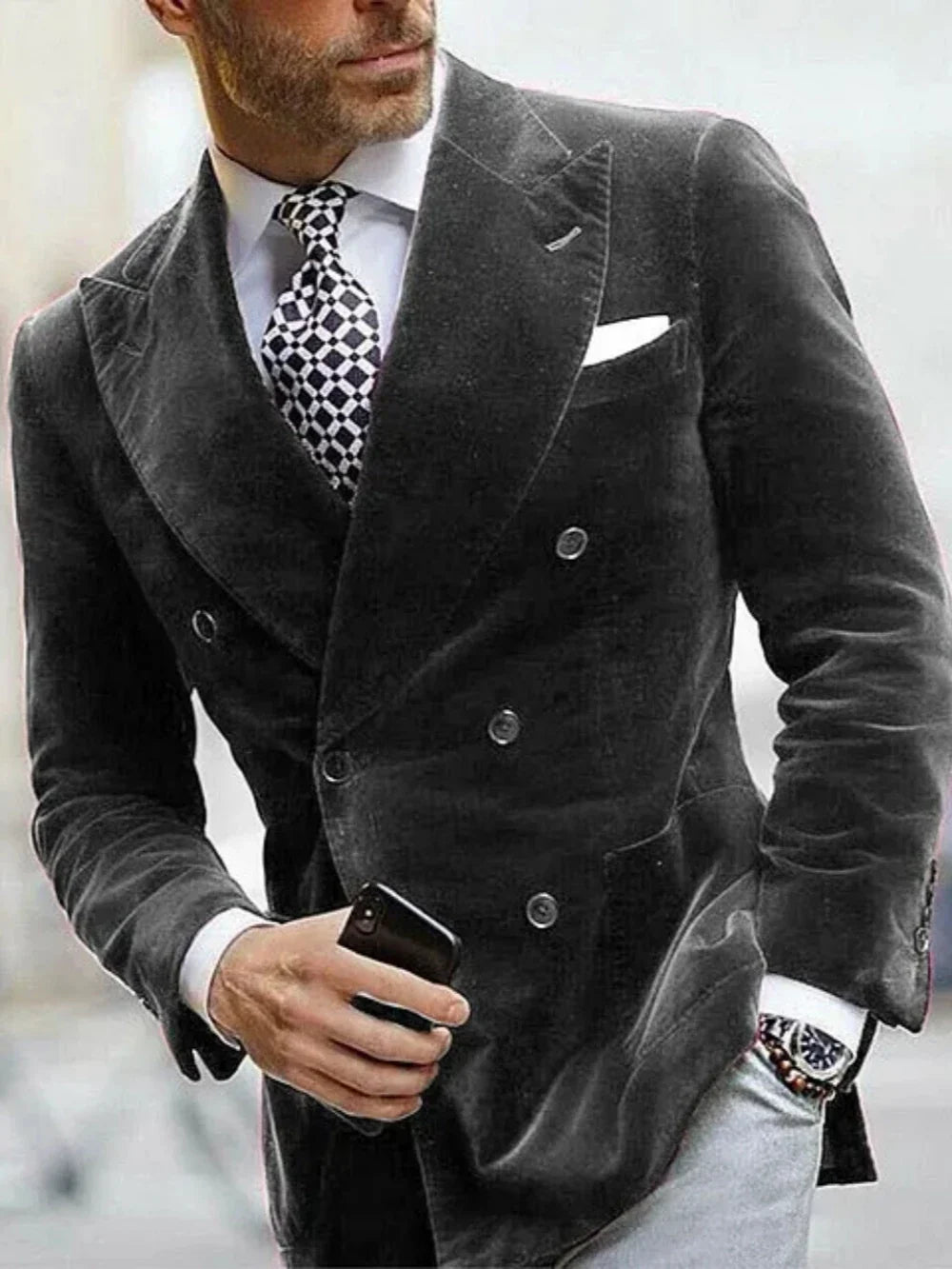 New Velvet Double Breasted Men's Jacket Business Outfit ,Autumn Winter Warm Blazer For Men Banquet Party Wear Plus Size