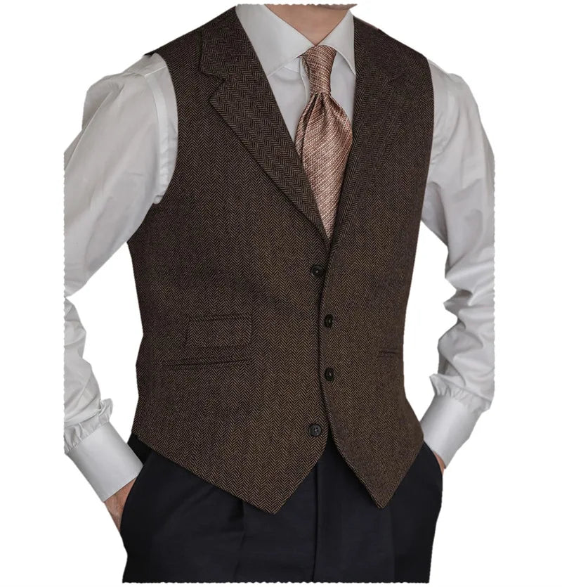 Men's Herringbone Vest – Slim Fit Tailored Collar Waistcoat for Men – Smart Casual & Wedding