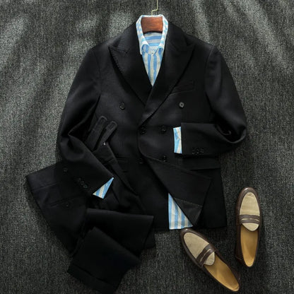 Men Business Work Formal Suits Host Banquet Groom Blazer Two Piece Set Long Sleeve Double Breasted Ankle Length Pant Outfits