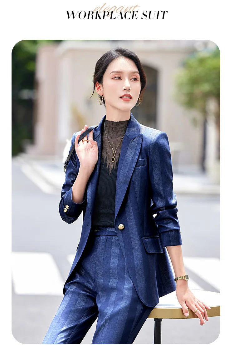 Women Blazer Pants Sets Yellow Two Pieces 2024 Autumn Workwear Trousers Formal Striped Navy Blue Long Sleeve Tops Pantsuit