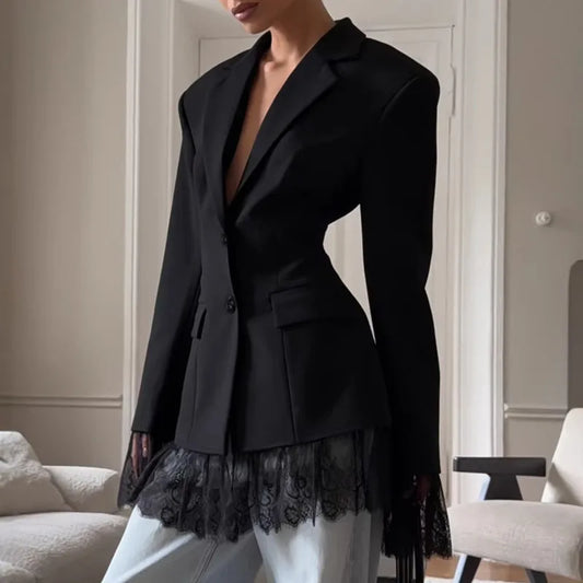 2026 Spring Autumn New Women Blazer Patchwork Lace Hem Waist-Cinching Elegant Fashion Office Lady Jacket Trend Coat HK18699