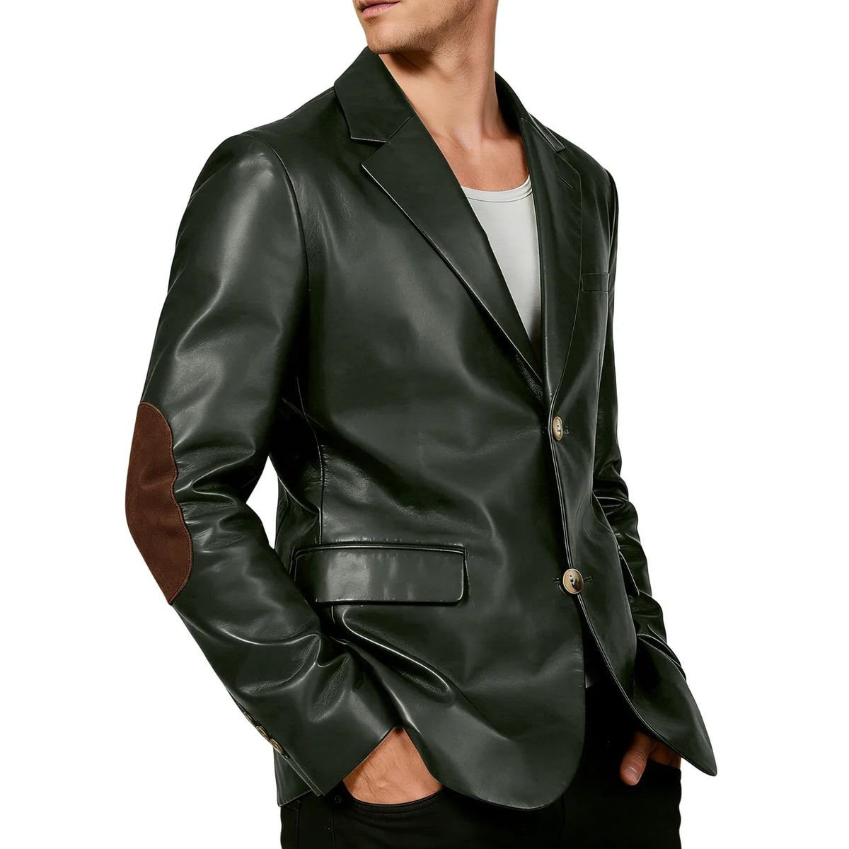 Men's Shiny Leather Blazer with Suede Elbow Patches Slim Fit 2-Button Notch Lapel Suit Jacket Streetwear Casual Party Sport Coat