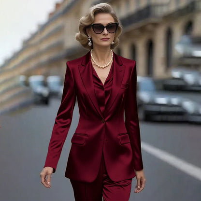 Women's Gold Satin Blazer Suit Set Stylish Single-Breasted Jacket+Pants Luxe Shiny Two-piece for Cocktail Party Wedding Guest