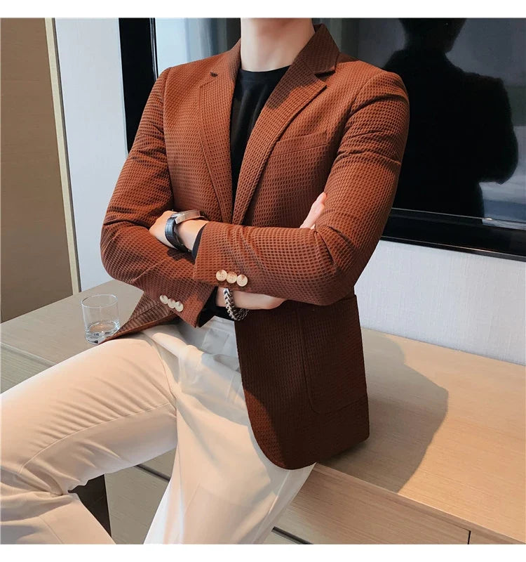 2025 Spring New Waffle Suit Coats Men Slim Fit Business Casual Blazer Jacket Homme Formal Groom Prom Wedding Tuxedo 4XL-M