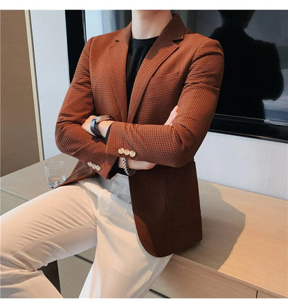 2025 Spring New Waffle Suit Coats Men Slim Fit Business Casual Blazer Jacket Homme Formal Groom Prom Wedding Tuxedo 4XL-M