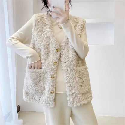 Lady Fashion Vest Outerwear Autumn Winter Female Imitation lamb Wool Waistcoat Coat Korean Women Rabbit 's Hair Sleeveless