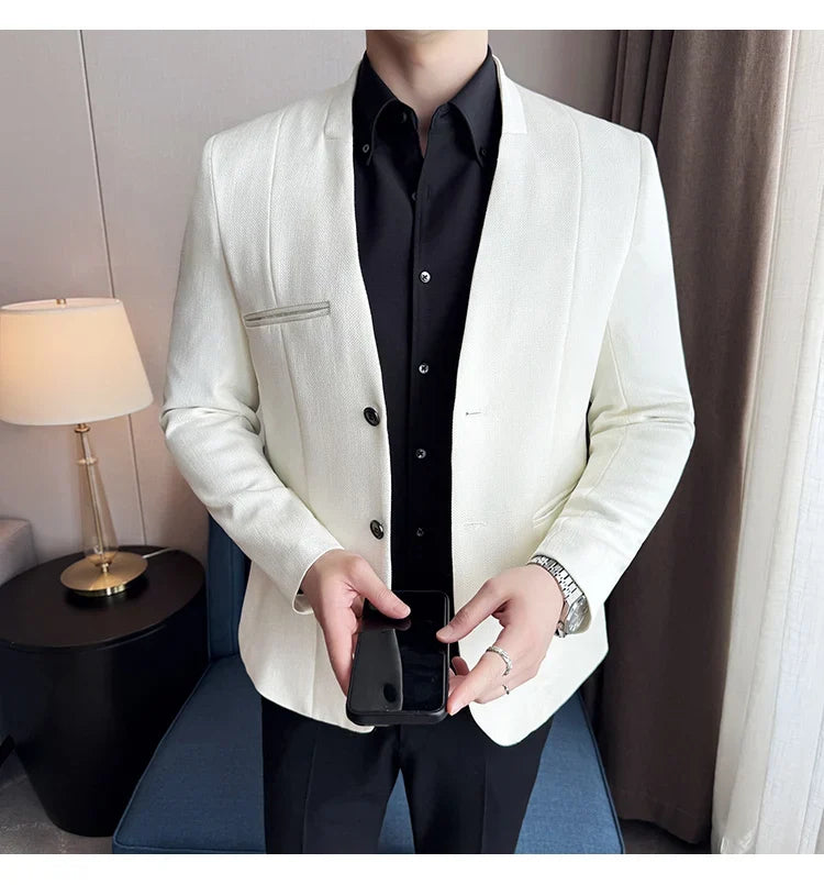 Chinese Style Collarless Suit Jacket Men Fashion Slim Fit Versatile Blazers Male Casual Business Wedding Groom Dress Jacket 2025