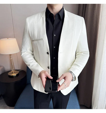 Chinese Style Collarless Suit Jacket Men Fashion Slim Fit Versatile Blazers Male Casual Business Wedding Groom Dress Jacket 2025