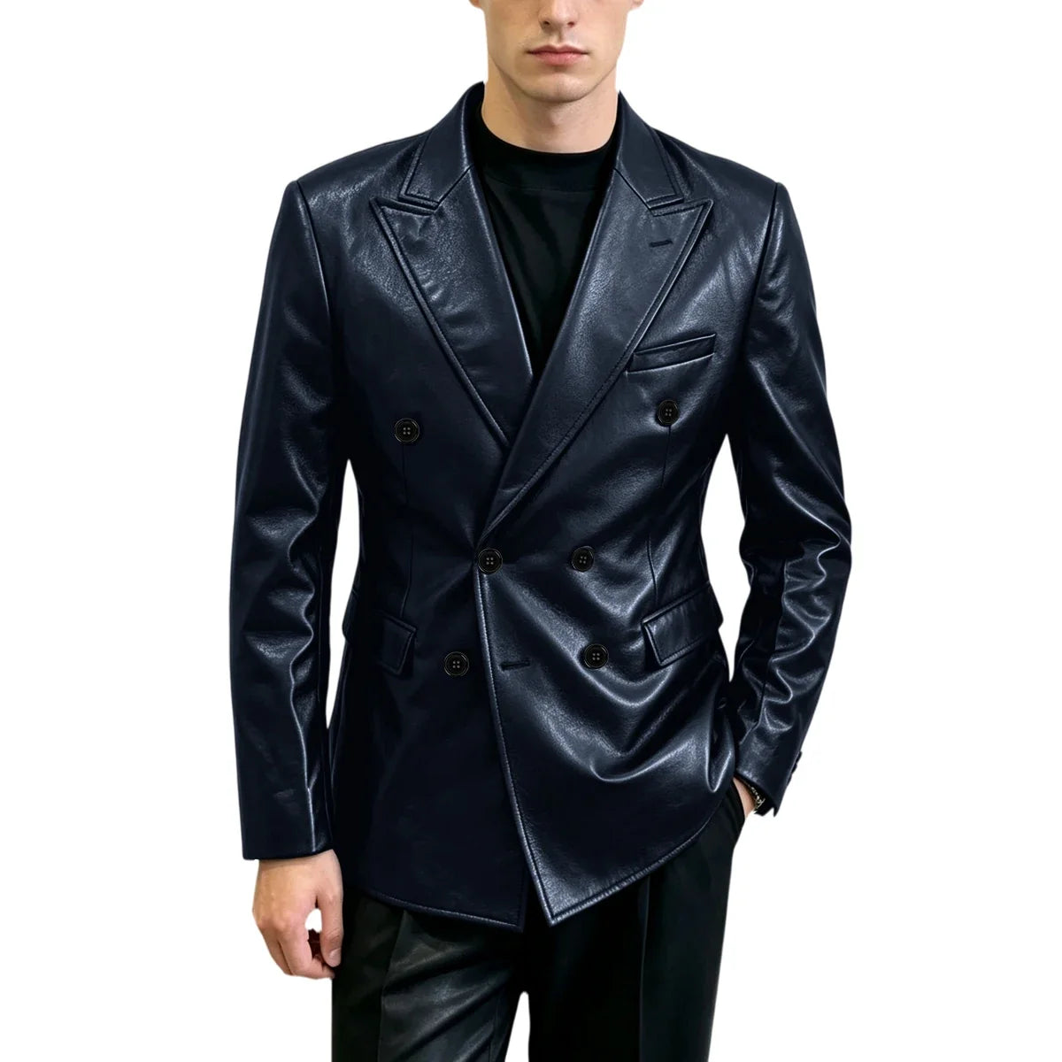 Vintage Men's Brown Leather Blazer Double Breasted Peak Lapel Slim Fit Suit Jacket High Quality Fashion Sport Coat Business Casu
