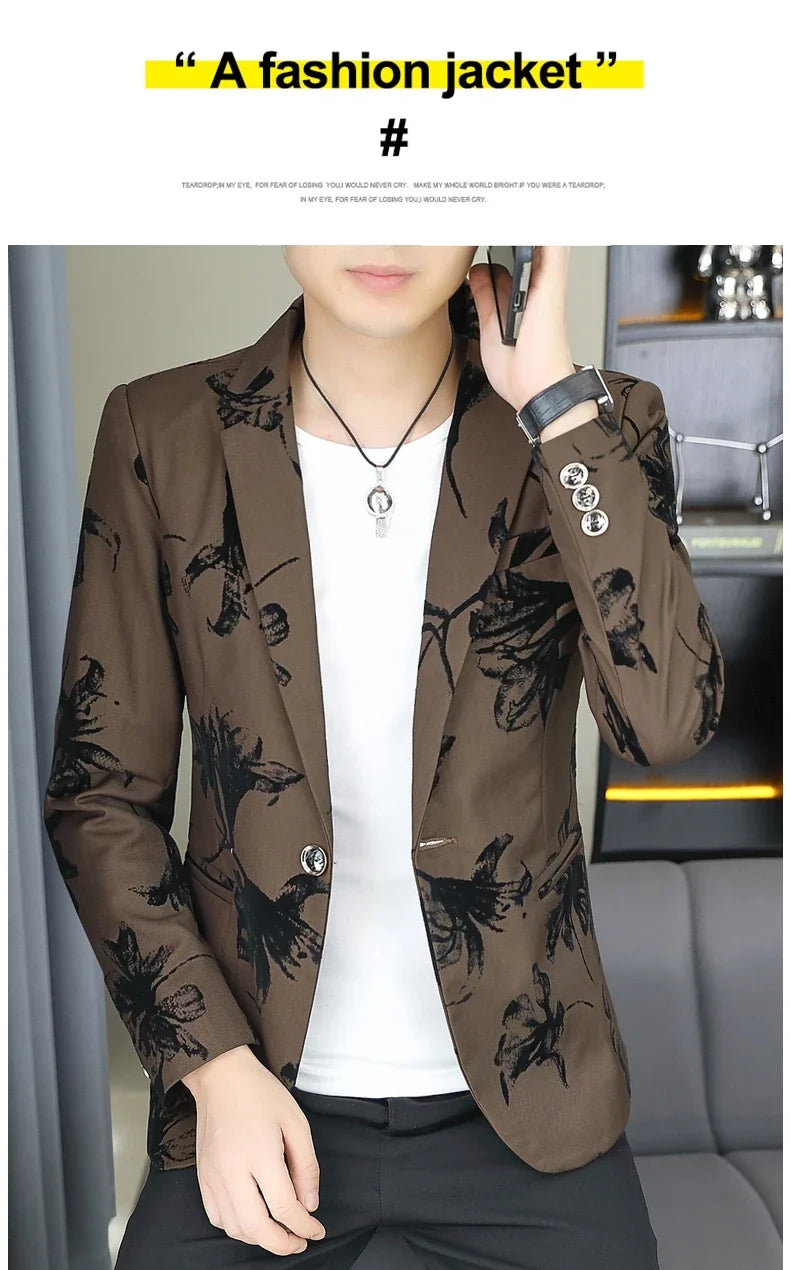 Blazer Men's Fashion Gentleman Business Outdoor Travel Print Wedding Slim-fit Korean Trend Handsome Youth Casual Blazer