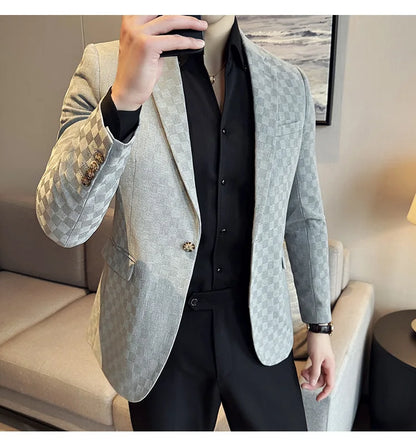 2024 Spring Plaid Blazers Men Single Breasted Casual Business Suit Jacket Fashion Slim Social Banquet Wedding Groom Dress Coats