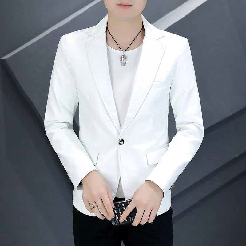 Autumn Leather Suit Jacket Men's Slim Korean Trendy Handsome Casual PU Leather Blazers Motorcycle Jacket Social Party Nightclub