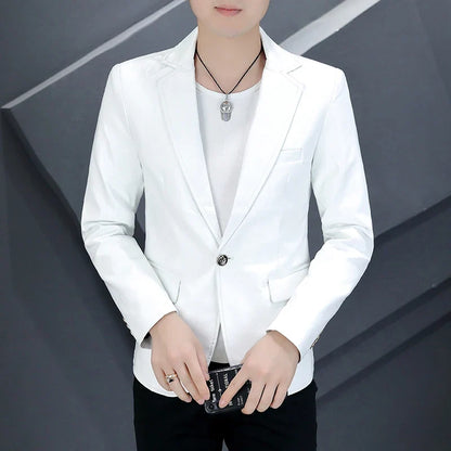 Autumn Leather Suit Jacket Men's Slim Korean Trendy Handsome Casual PU Leather Blazers Motorcycle Jacket Social Party Nightclub
