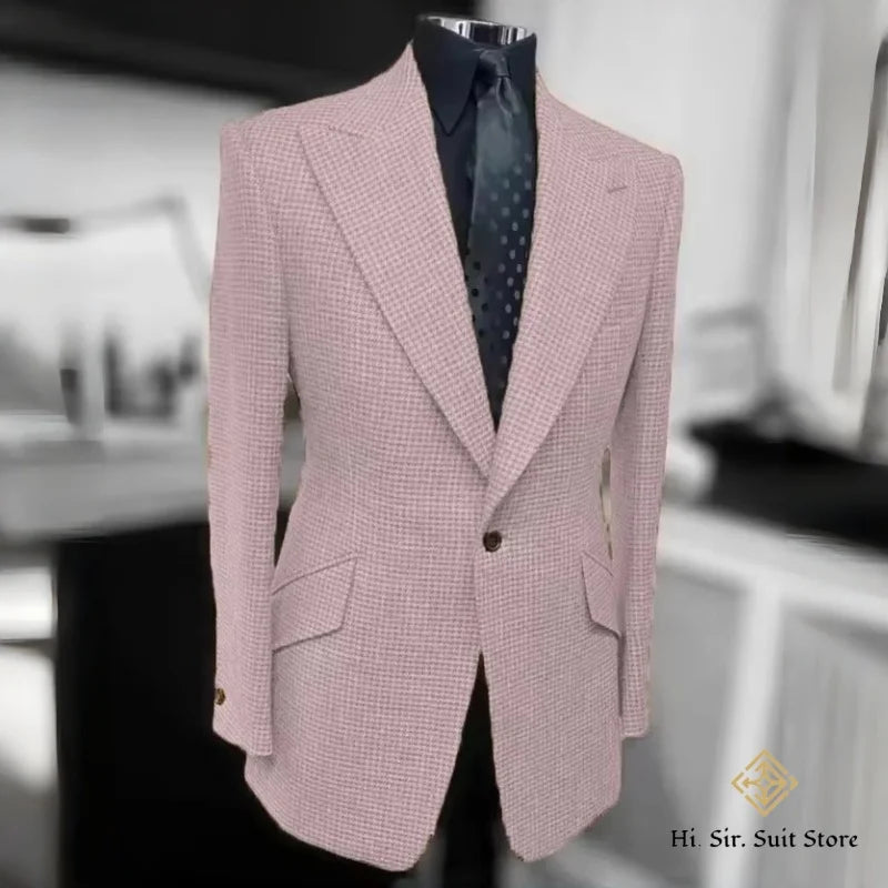 Houndstooth Blazer Men Slim Fit Plaid Suit Jacket Tuxedo One Button Peak Lapel Business Casual Wedding Prom Sport Coats Hot Sale