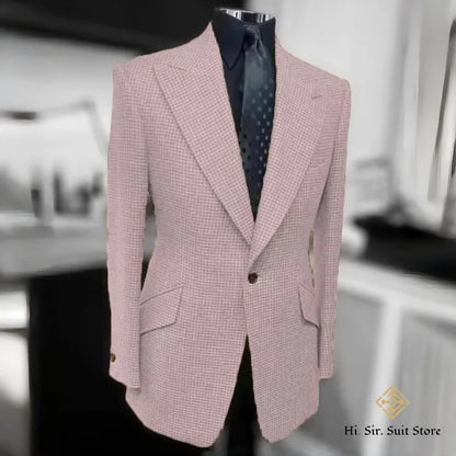 Houndstooth Blazer Men Slim Fit Plaid Suit Jacket Tuxedo One Button Peak Lapel Business Casual Wedding Prom Sport Coats Hot Sale