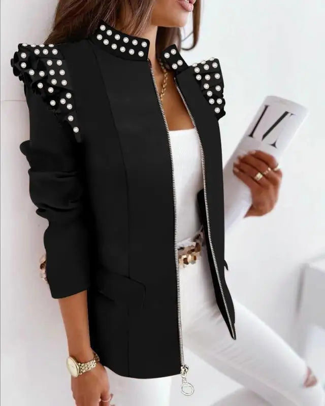Autumn Winter Long Sleeve Print Blouse Women's Slim Fit Suit Jacket with Lace Hem Zipper Closure Fashionable Elegant Style