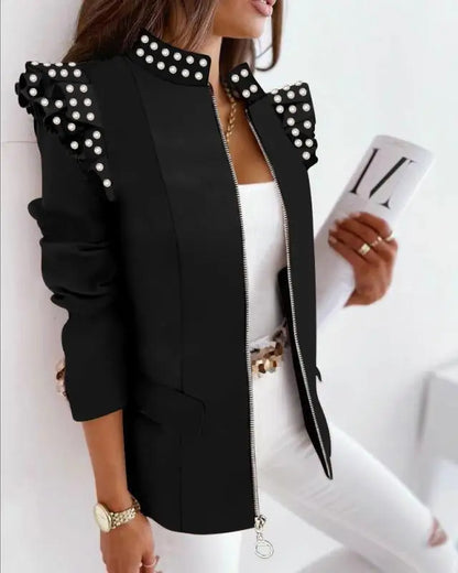 Autumn Winter Long Sleeve Print Blouse Women's Slim Fit Suit Jacket with Lace Hem Zipper Closure Fashionable Elegant Style