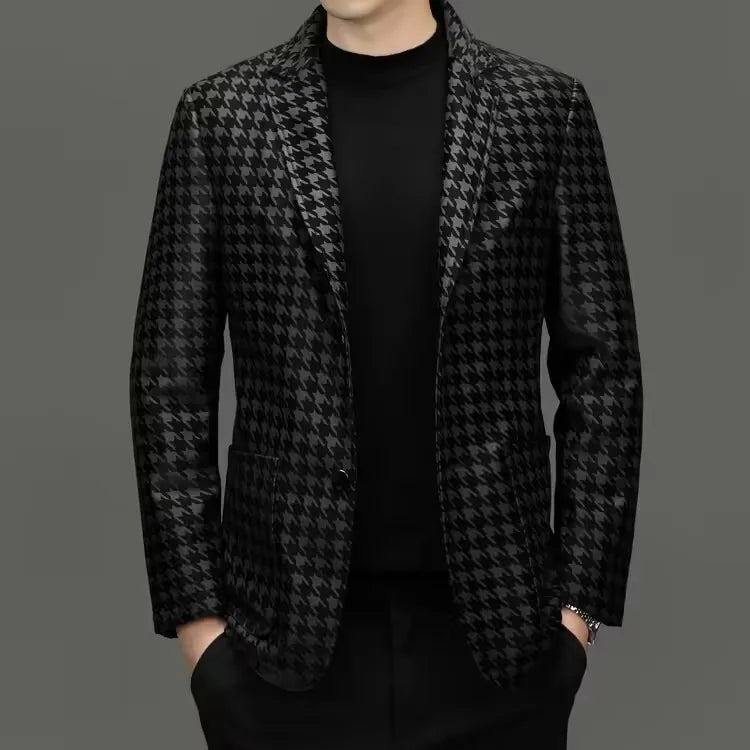 Blazer Men Genuine Leather Slim Fit Single Breasted Smart Casual Black