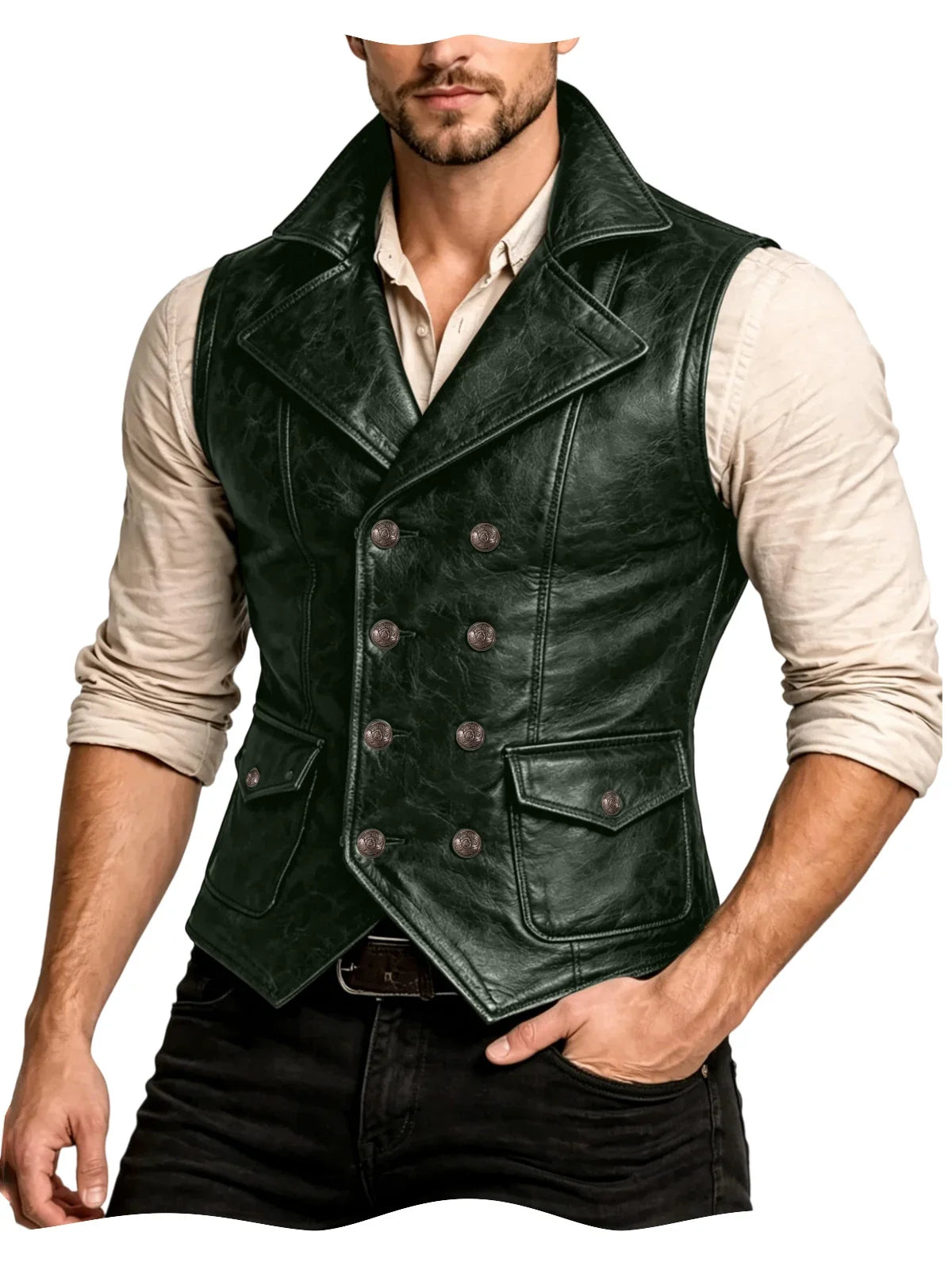 Men's Faux Leather Waistcoat Vintage Double Breasted Slim Fit Vest for Casual & Streetwear
