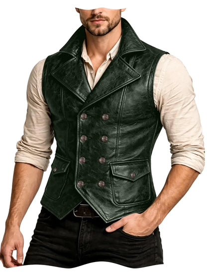 Men's Faux Leather Waistcoat Vintage Double Breasted Slim Fit Vest for Casual & Streetwear