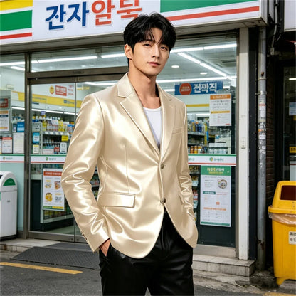 Men's Faux Leather Blazer Single Breasted Slim Jacket Fit Formal Outer Jacket for Business Wedding Party Business Daily Wear