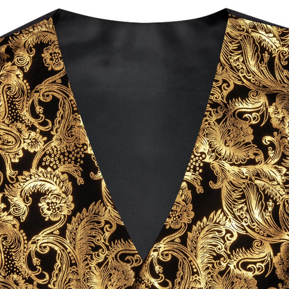 Men's Vest 4-Piece Set Golden Paisley Floral Formal Waistcoat for Wedding & Party