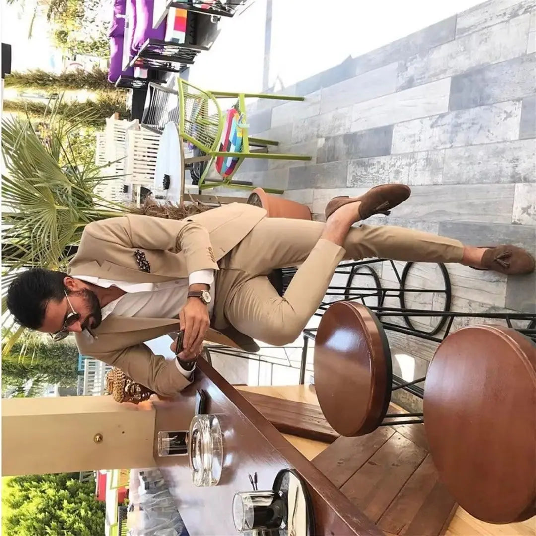 Men's 2023 Champagne Slim Fit Suit Notched Lapel 2 Piece Business Wedding Blazer And Pants Custom Made Costume Homme