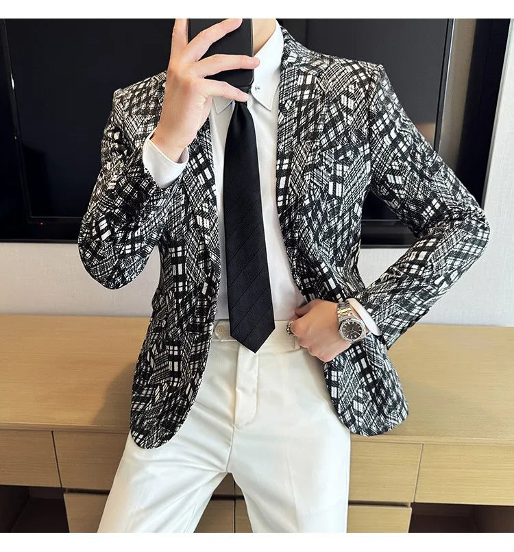 Korean Slim Fit Casual Suit Jacket for Men Fashion Camouflage Business Social Blazers Wedding Streetwear Dress Coat Men Clothing