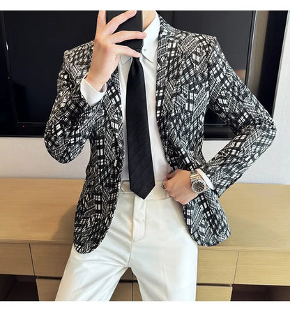 Korean Slim Fit Casual Suit Jacket for Men Fashion Camouflage Business Social Blazers Wedding Streetwear Dress Coat Men Clothing