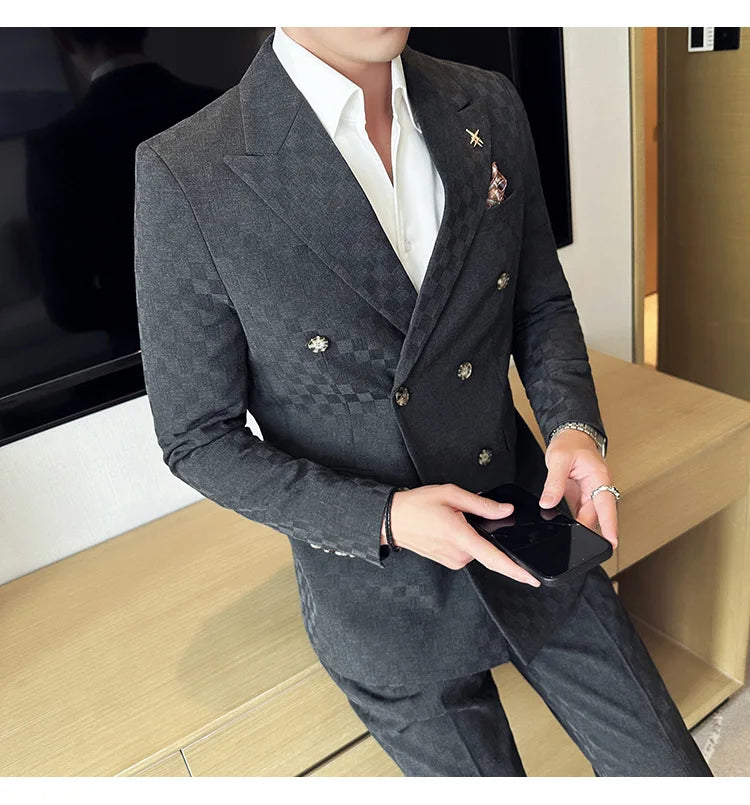 (Jacket+Pants)Luxury Checkered Double Breasted Suit  2 Pieces Fashion Business Slim Fit Social   Formal Suit Evening Dress 5XL-M