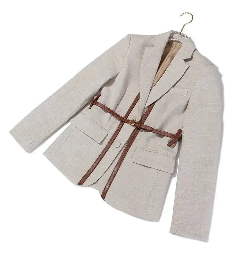 Women Blazer Contrast Color Spliced PU Leather Belted Slim Fit Single Breasted Elegant Urban High-end Jacket Spring HK10667