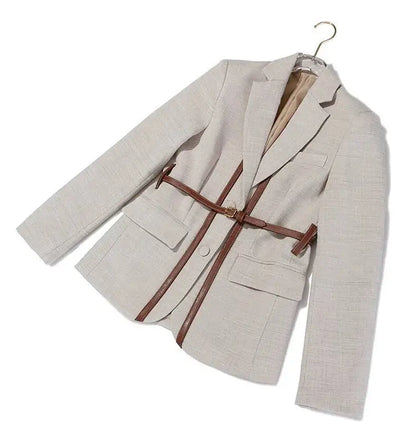 Women Blazer Contrast Color Spliced PU Leather Belted Slim Fit Single Breasted Elegant Urban High-end Jacket Spring HK10667